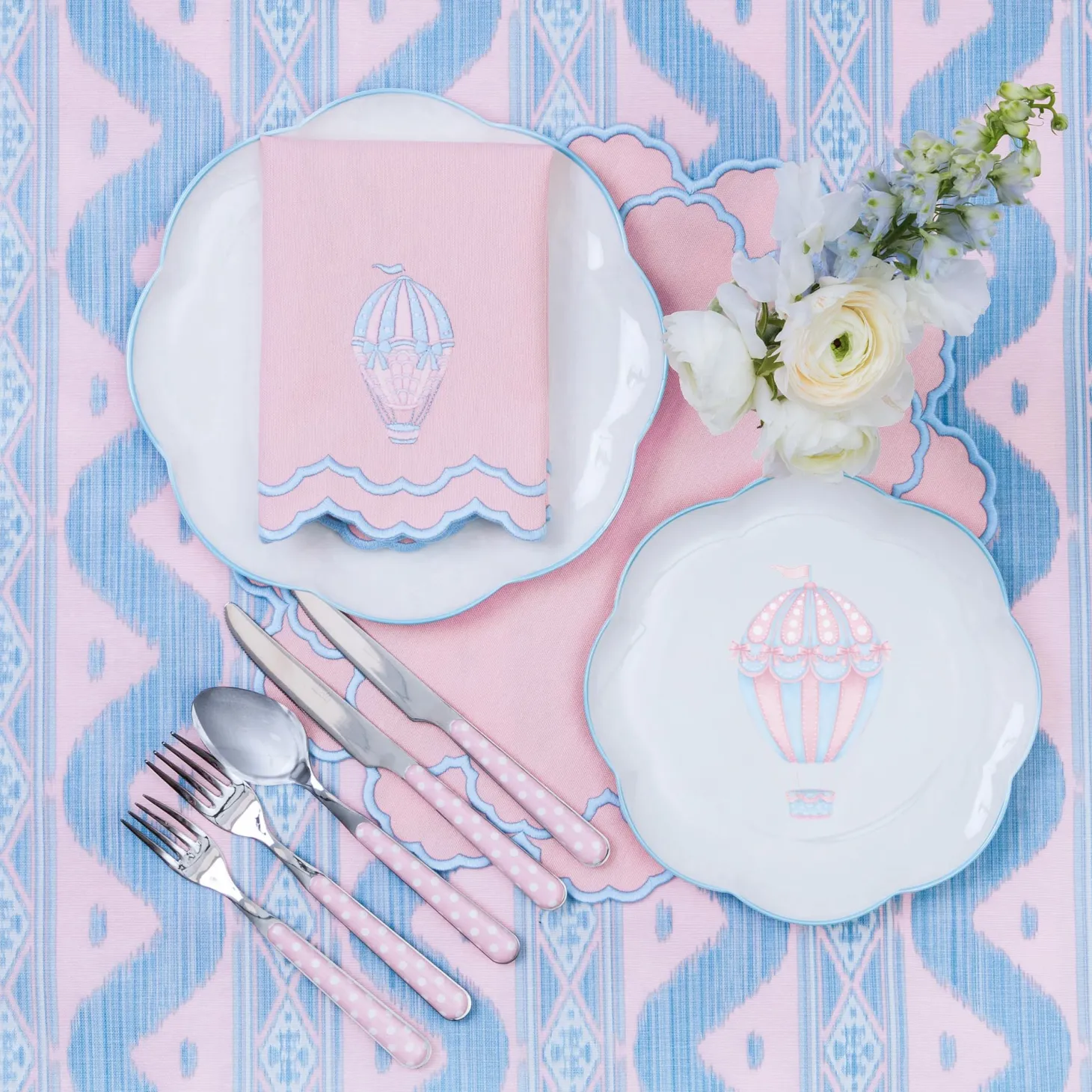 Sarah Pink & Blue Hot Air Balloon Embroidered Napkins (Set of 4)