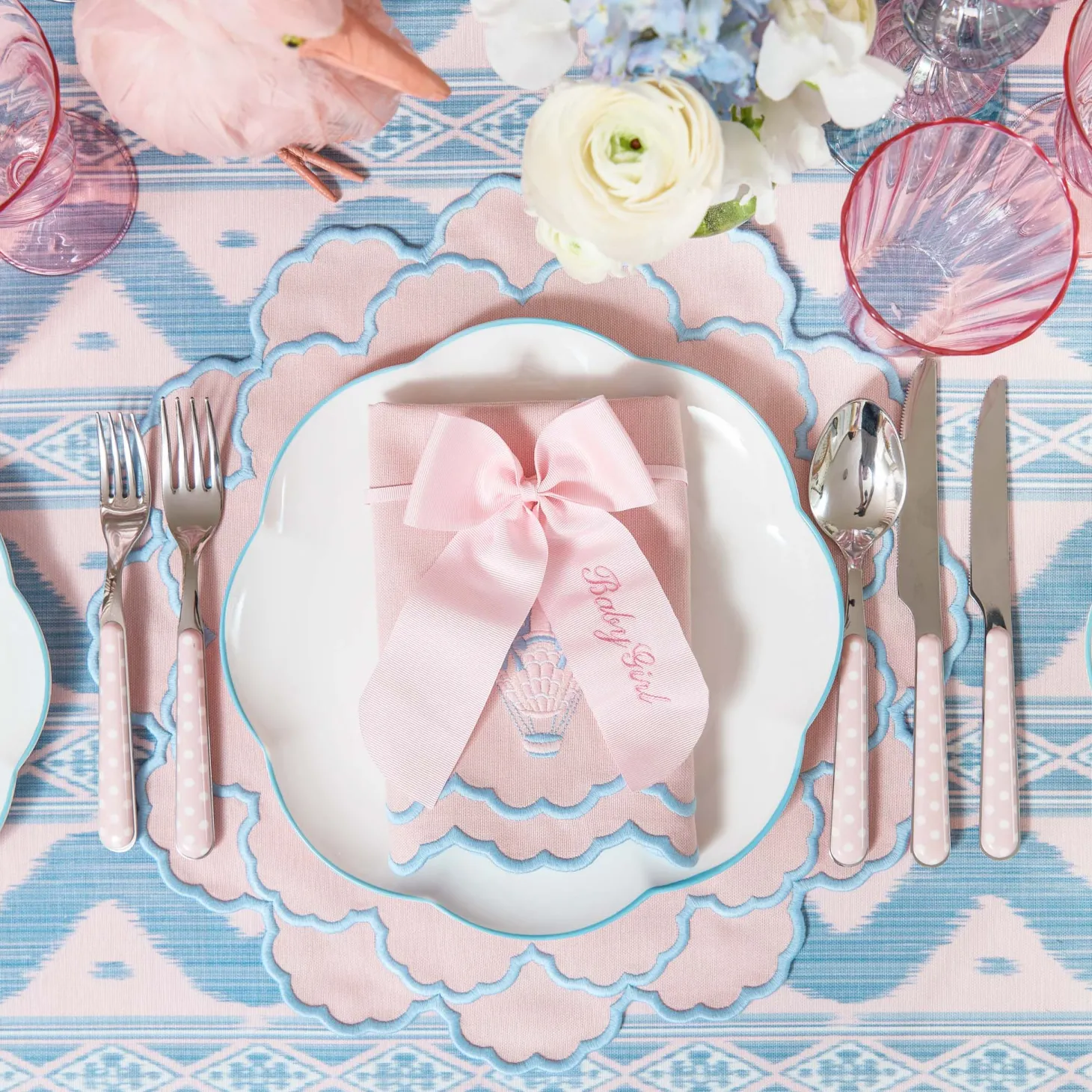 Sarah Pink & Blue Hot Air Balloon Embroidered Napkins (Set of 4)