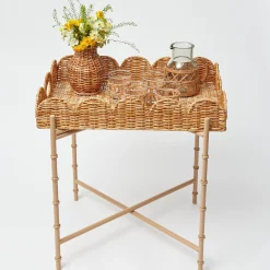 Scalloped Rattan Tray With Stand