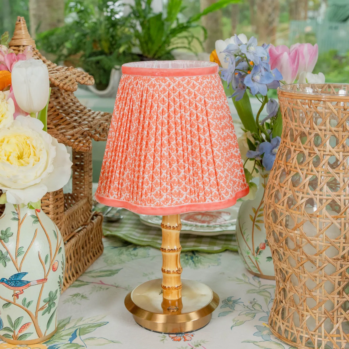 Short Bamboo Rechargeable Lamp with Coral Lotus Shade (18cm)