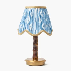 Short Burnt Bamboo Rechargeable Lamp with Blue & Putty Ikat Shade (18cm)