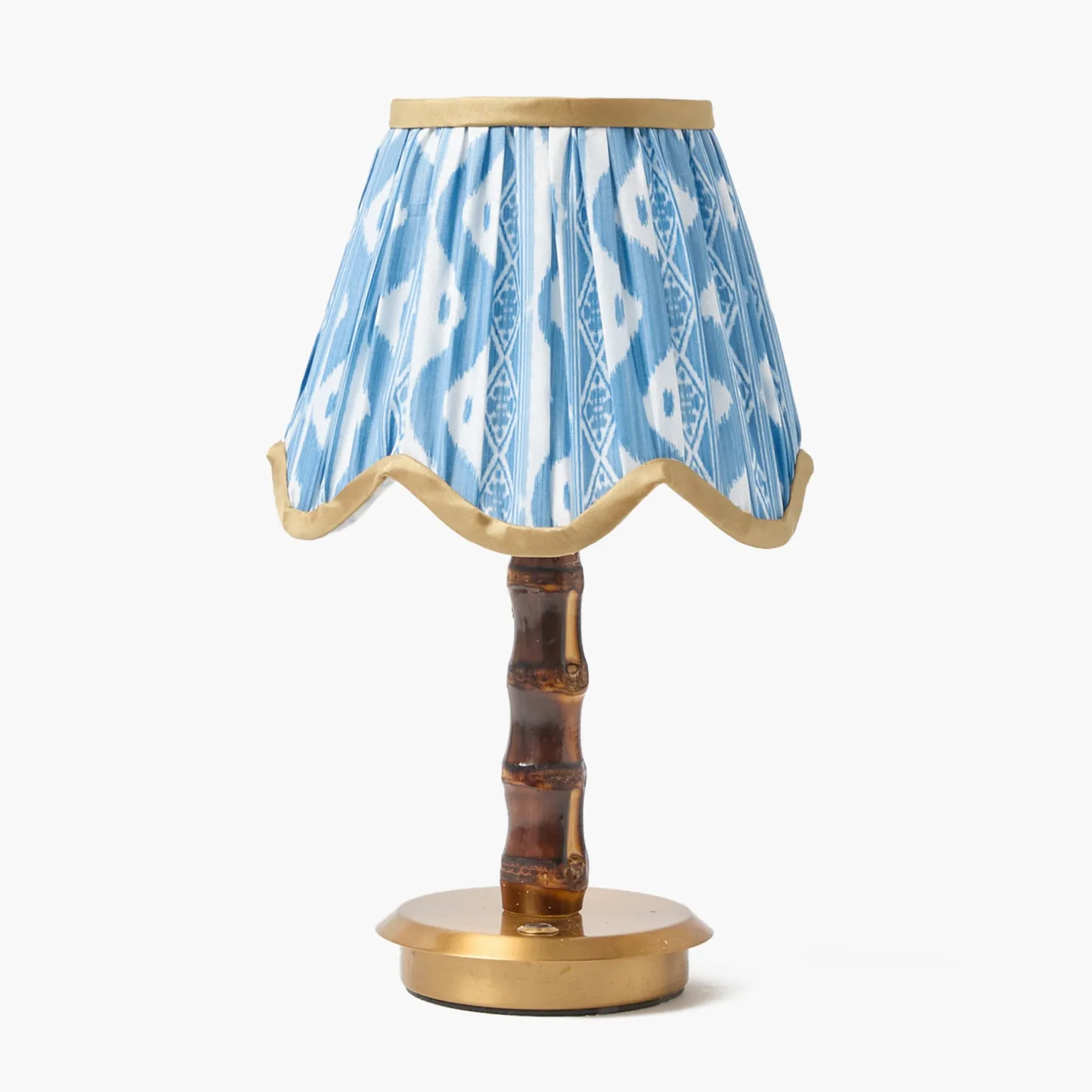 Short Burnt Bamboo Rechargeable Lamp with Blue & Putty Ikat Shade (18cm)