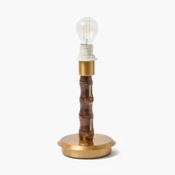 Short Burnt Bamboo Rechargeable Lamp with Blue & Putty Ikat Shade (18cm)