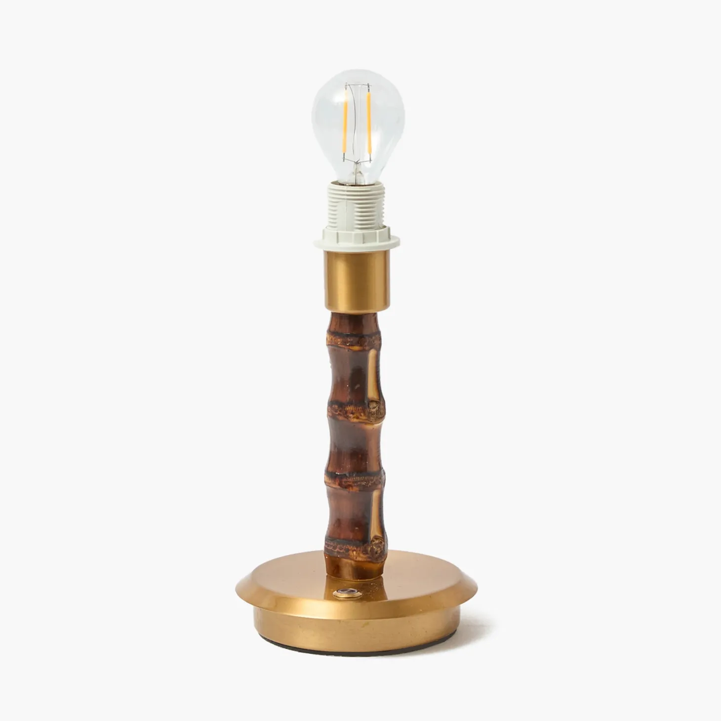 Short Burnt Bamboo Rechargeable Lamp with Blue & Putty Ikat Shade (18cm)