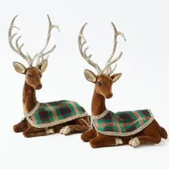 Sitting Tartan Flocked Deer (Pair)