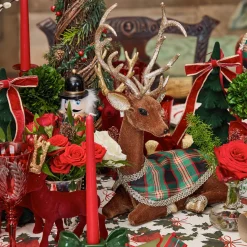 Sitting Tartan Flocked Deer (Pair)