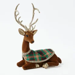 Sitting Tartan Flocked Deer (Pair)