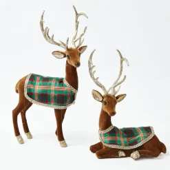 Sitting Tartan Flocked Deer (Pair)