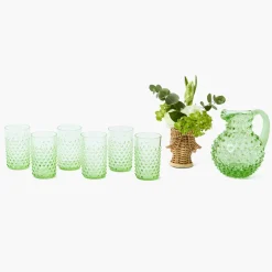 Small Emerald Hobnail Jug & Glasses (Set of 6)