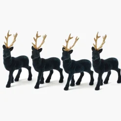 Small Flocked Navy Reindeers with Gold Antlers (Set of 4)