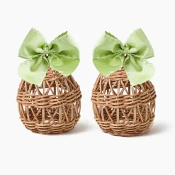 Small Rattan Woven Egg with Green Saddlestitch Bows (Pair)