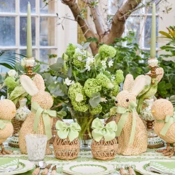Small Rattan Woven Egg with Green Saddlestitch Bows (Pair)