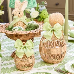Small Rattan Woven Egg with Green Saddlestitch Bows (Pair)