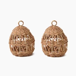 Small Rattan Woven Egg with Green Saddlestitch Bows (Pair)