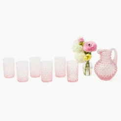 Small Rose Pink Hobnail Jug & Glasses (Set of 6)