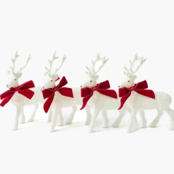 Small White Flocked Reindeer with Velvet Bows (Set of 4)