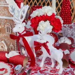 Small White Flocked Reindeer with Velvet Bows (Set of 4)