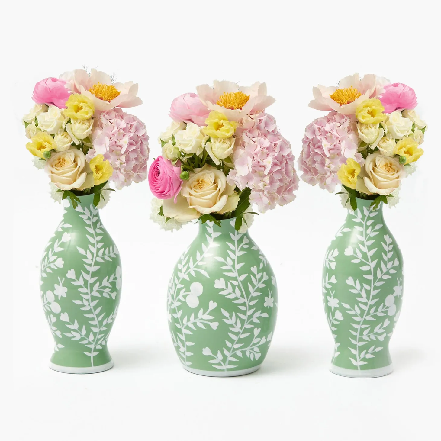 Soft Green Hand Painted Tole Bud Vases (Set of 3)
