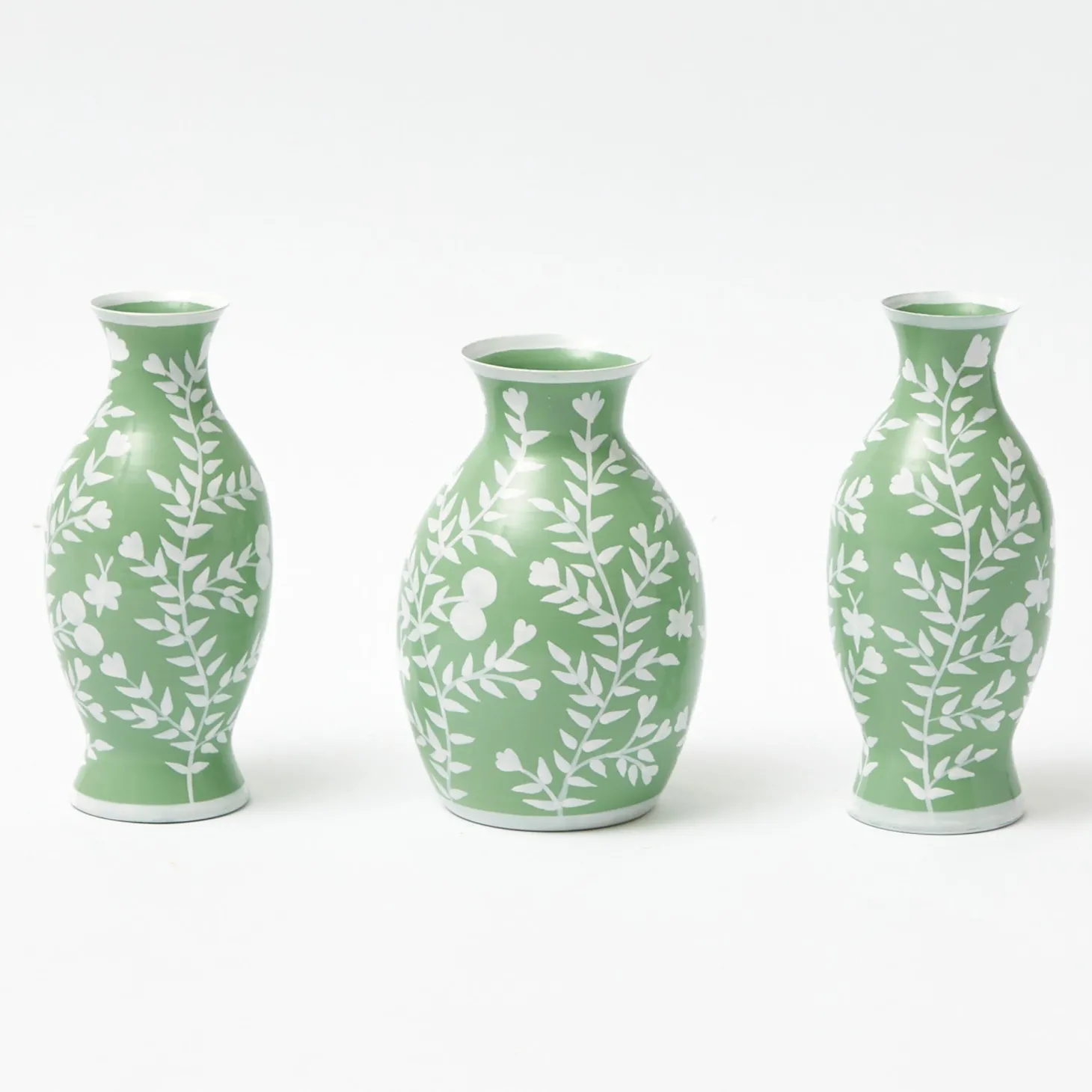 Soft Green Hand Painted Tole Bud Vases (Set of 3)