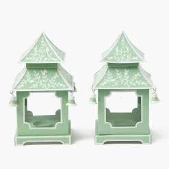 Soft Green Mini Chinoiserie Pagoda Lanterns (Pair)