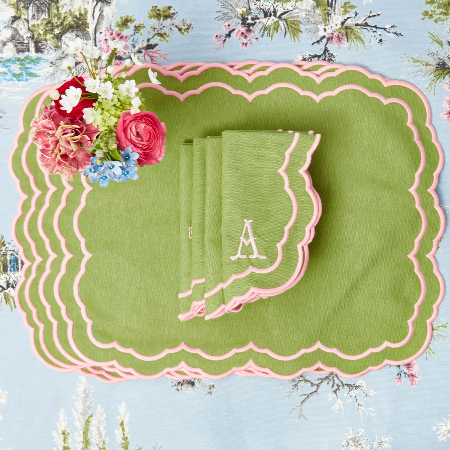 Valérie Green & Pink Placemats & Napkins (Set of 4)