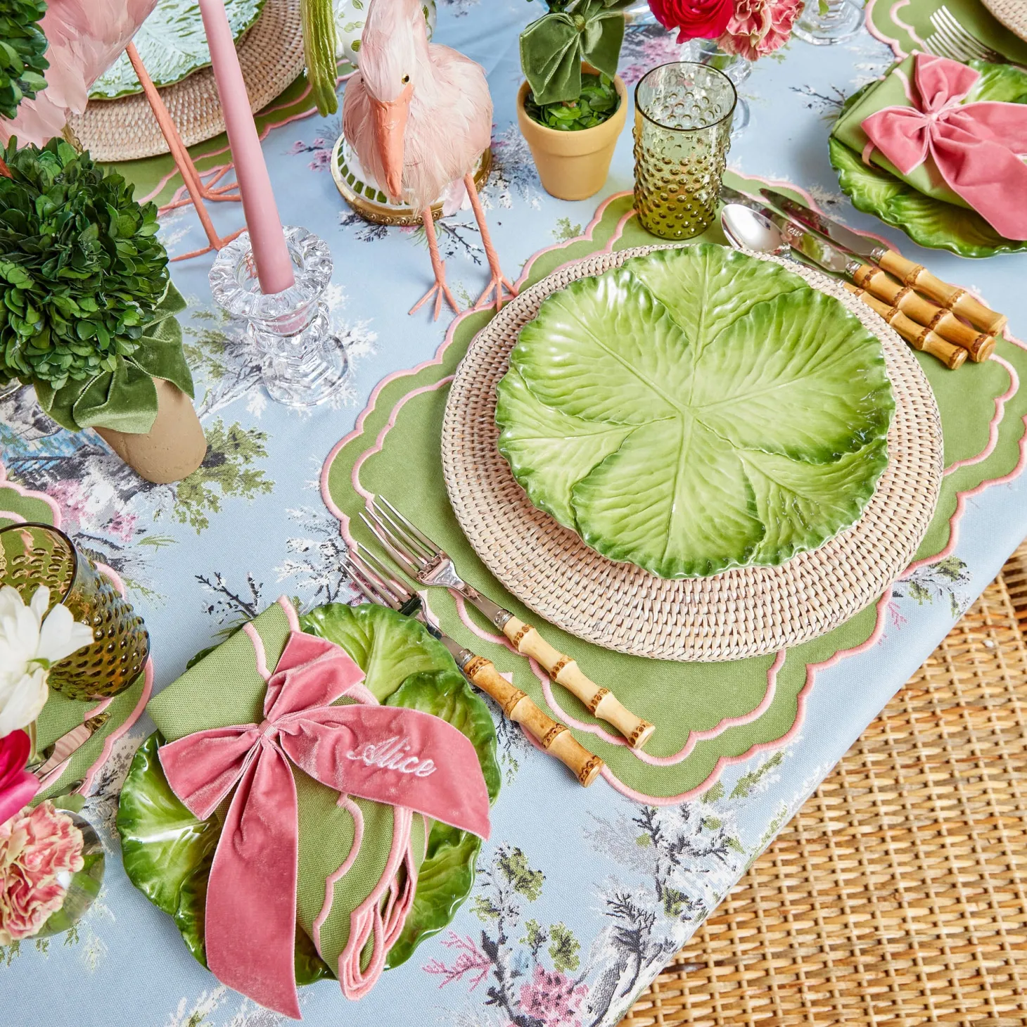 Valérie Green & Pink Placemats & Napkins (Set of 4)