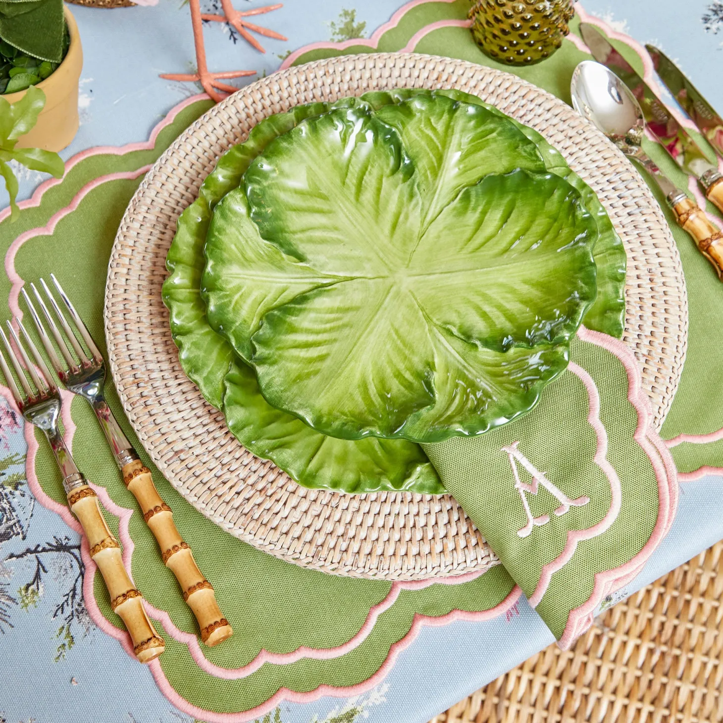 Valérie Green & Pink Placemats & Napkins (Set of 4)